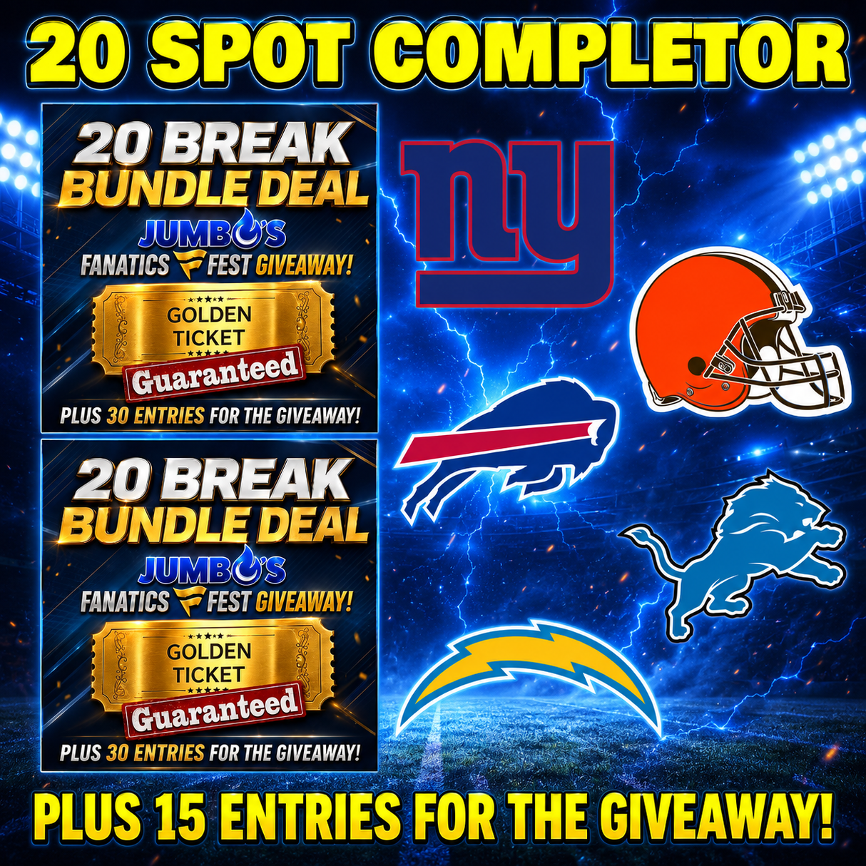 ➡️20 Spot Completor (2 Bundles with Golden Tickets! Giants, Bills, Browns, Lions, Chargers) *** Plus 15 Entries for the Giveaway!