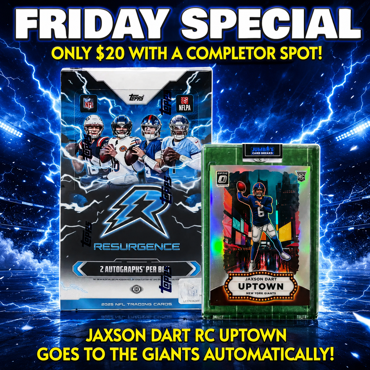 π Friday Special! BREAK #11854 - 2025 Topps Resurgence Hobby (Random Team) *** Jaxson Dart Uptown goes to the Giants Automatically! Only $20 with a Completor Spot!
