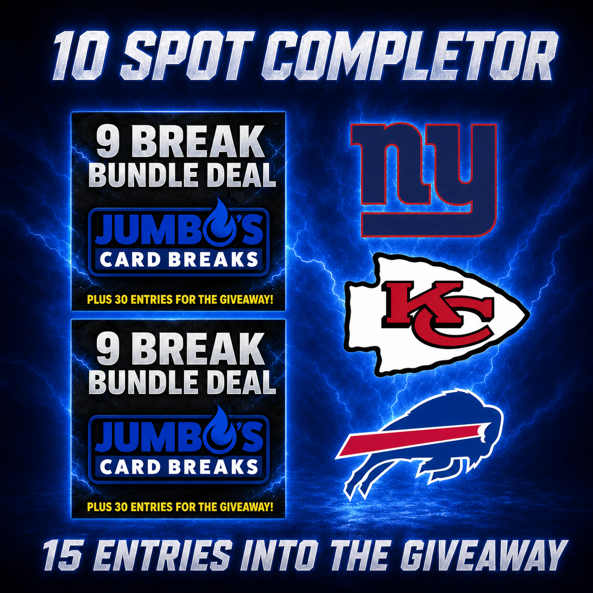 ➡️10 Spot Completor (2 Bundles, Giants, Bills, Chiefs, Jags, Browns!) *** Plus 15 Entries for the Giveaway!