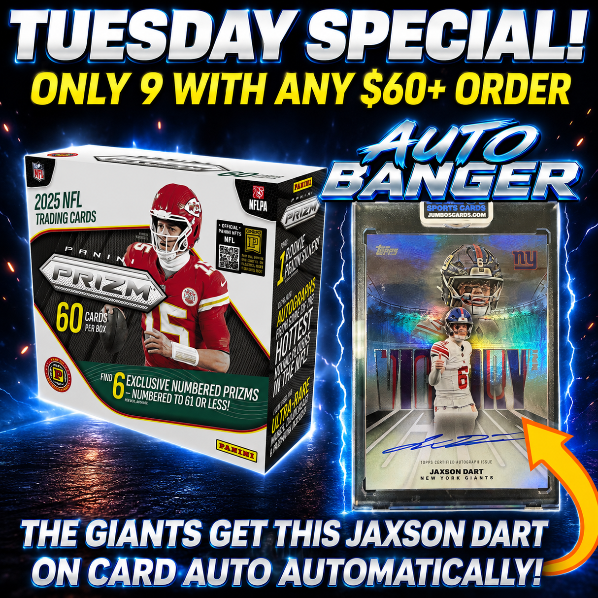 ⭐Tuesday Special! BREAK #12014 - 2025 Prizm International Hobby (Random Team) *** The Giants get this Jaxson Dart on card auto Automatically!💯 --- Only $19 with any $60+ order!